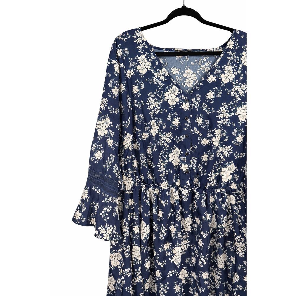 Womens Boho Cottagecore Blue Floral High Low Tunic Top Bell Sleeve Lace Trim - Picture 4 of 10